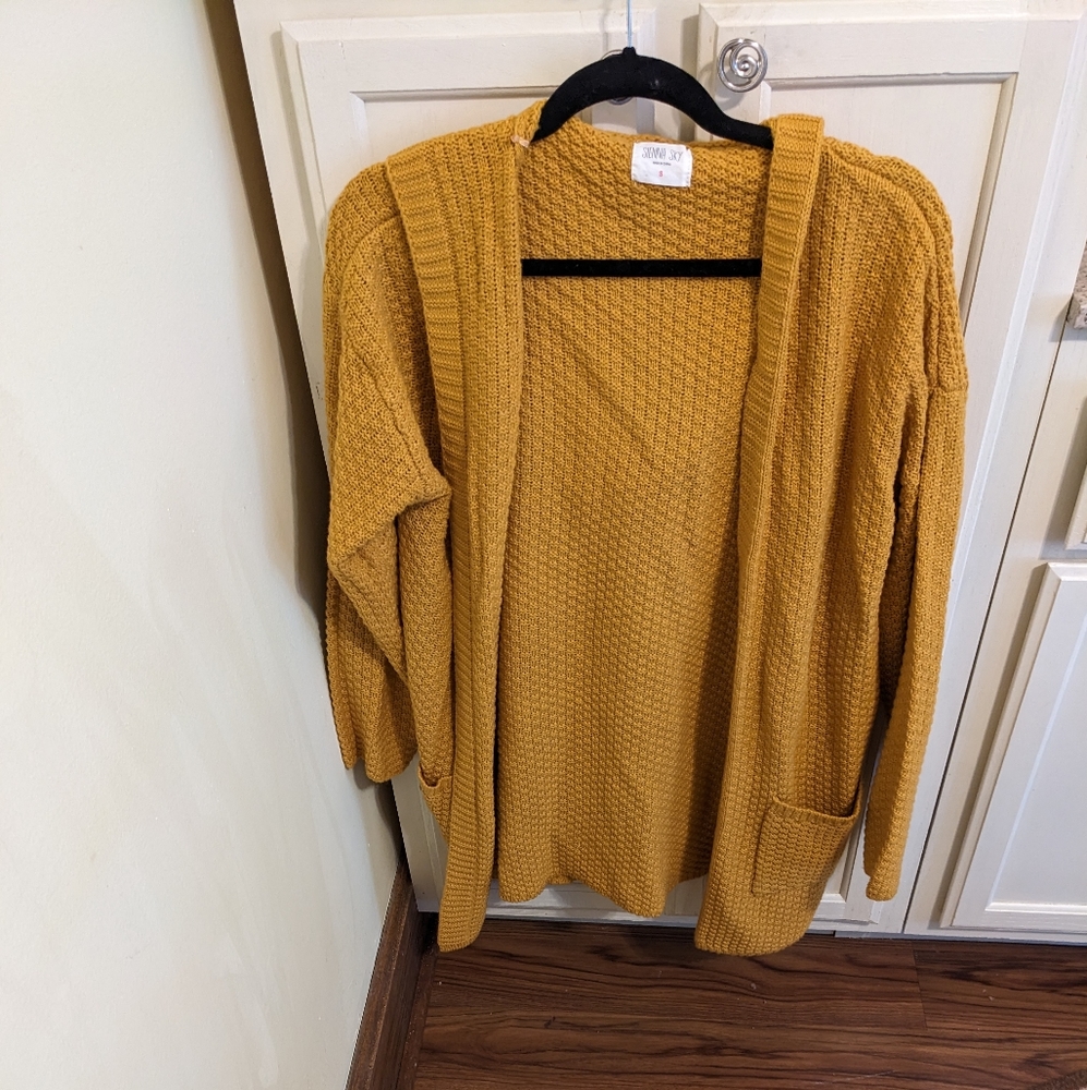 Sienna Sky Mustard open front hooded cardigan with pockets 🧡